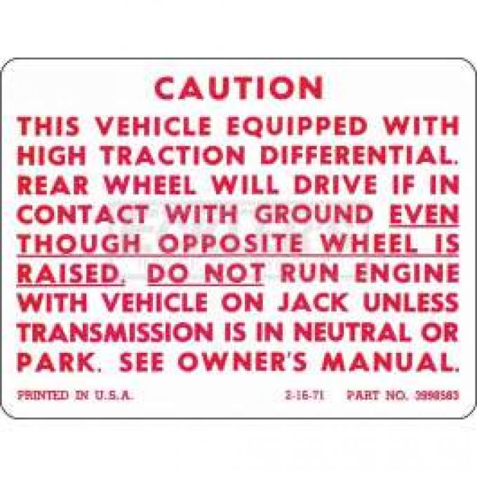 Chevy Or GMC Truck Positraction Warning Decal, 1972-1986