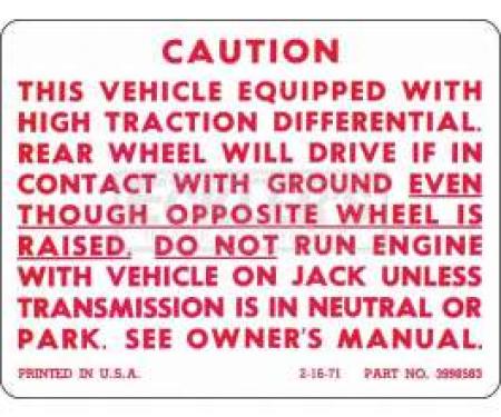 Chevy Or GMC Truck Positraction Warning Decal, 1972-1986