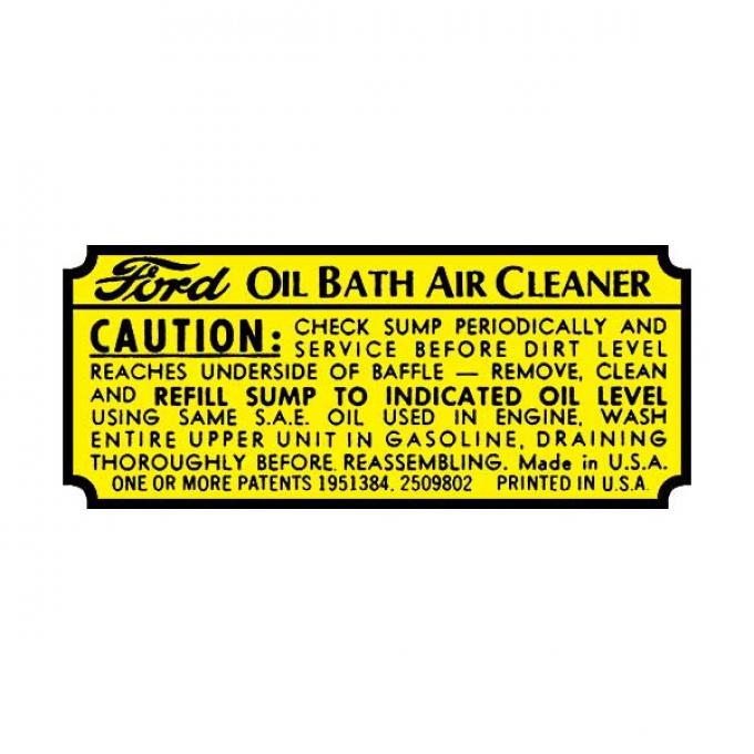 Oil Bath Air Cleaner Decal Ford Passenger Classic Truck