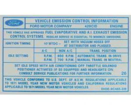 Emission Decal, 429 SCJ, Ranchero, Torino, 1971